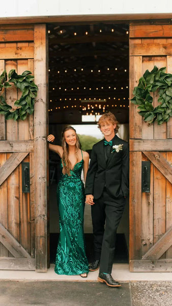 Cute Sparkly Mermaid V Neck Green Sequins Long Prom Dress DM24121703