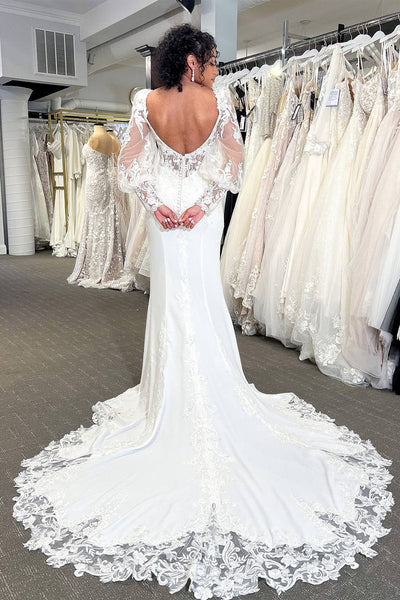 Elegant Mermaid Square Neck Long Sleeves Wedding Dresses with Appliques DM4070610