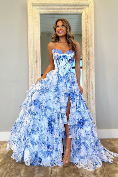 Cute A Line Sweetheart Blue White Floral Printed Chiffon Tiered Prom Dress with Slit DM250113