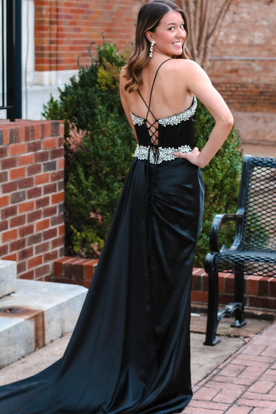 Black Rhinestone V-Neck Long Formal Dress with Attached Train MD121609