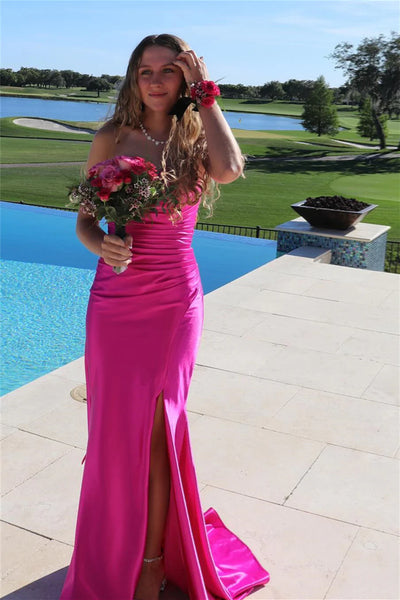 Chic Sheath Strapless Hot Pink Silk Satin Prom Dress DM24122602