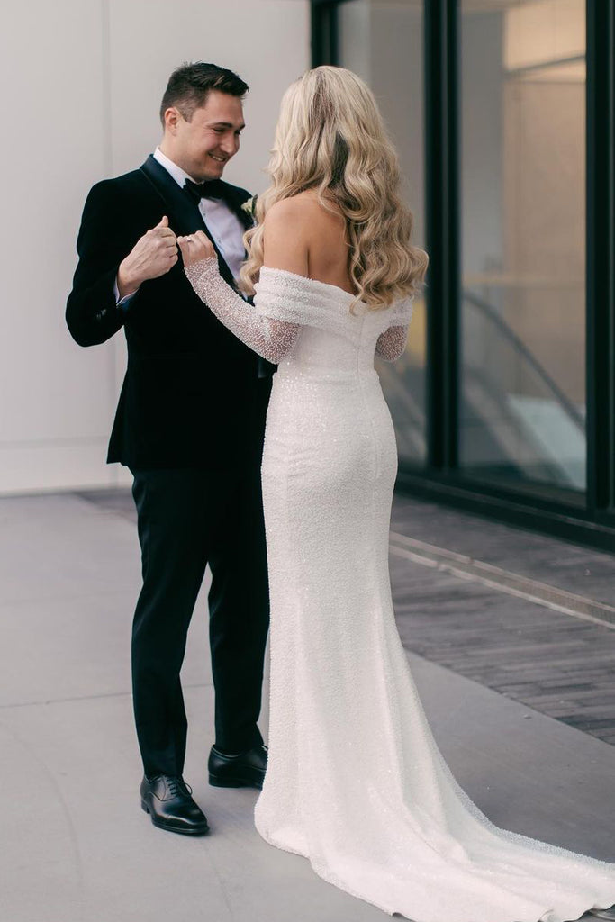 Sparkly Mermaid Off the Shoulder Sequins Long Wedding Dresses DM082711 – Dressmeet