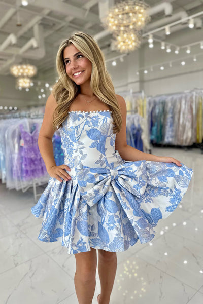 A Line Strapless Jacquard Satin Homecoming Dress with Pearls DM12060905