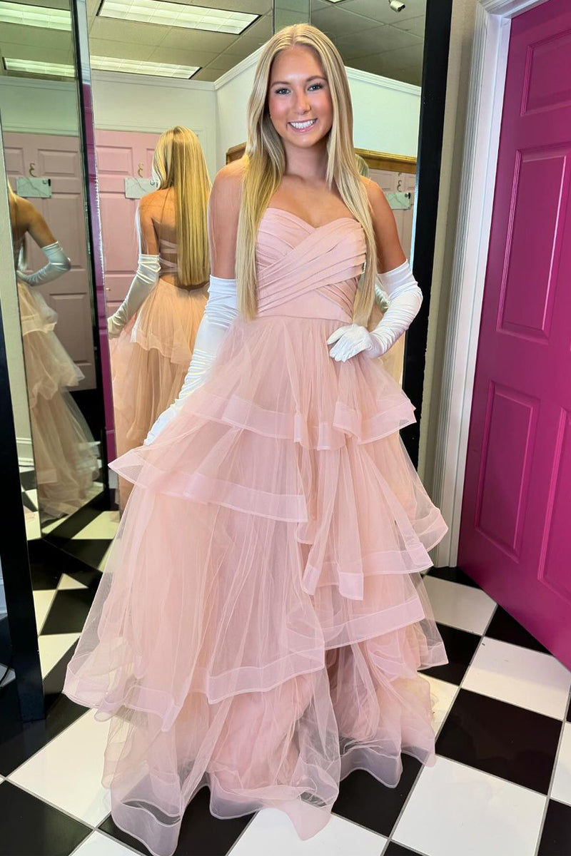 A-Line Strapless Blush Pink Ruffle Tiered Tulle Prom Dresses DM4070905