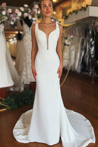 Mermaid V Neck Elastic Satin Wedding Dress with Bow DM24080201