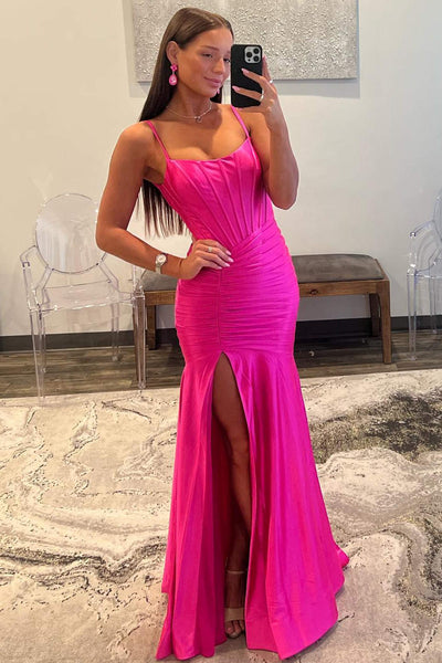 Hot Pink Straps Pleated Satin Mermaid Prom Dress MD113008