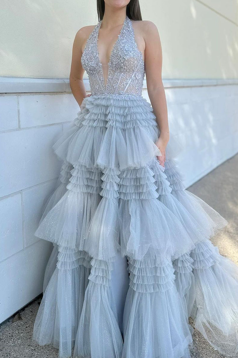 Grey Halter Tiered Tulle Long Prom Dresses with Appliques MD4011104