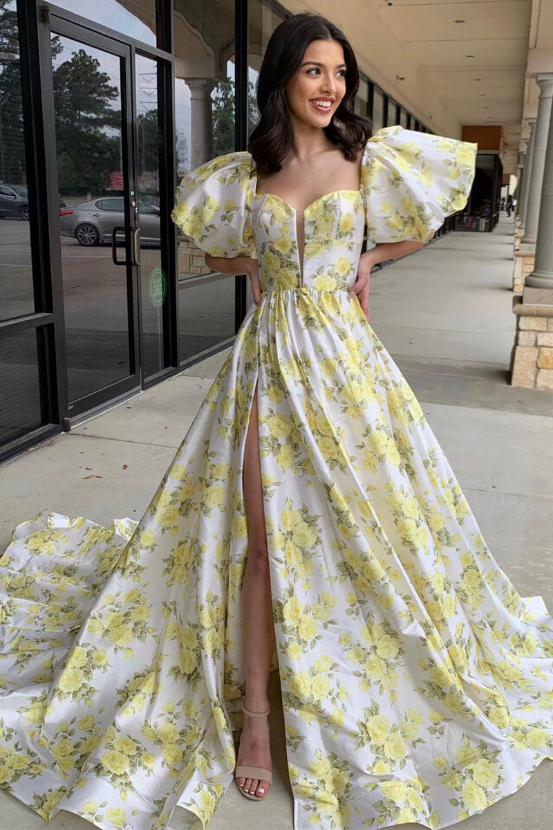 Vintage Sweetheart Puff Sleeves Floral Printed Long Prom Dress with Slit MD4031104