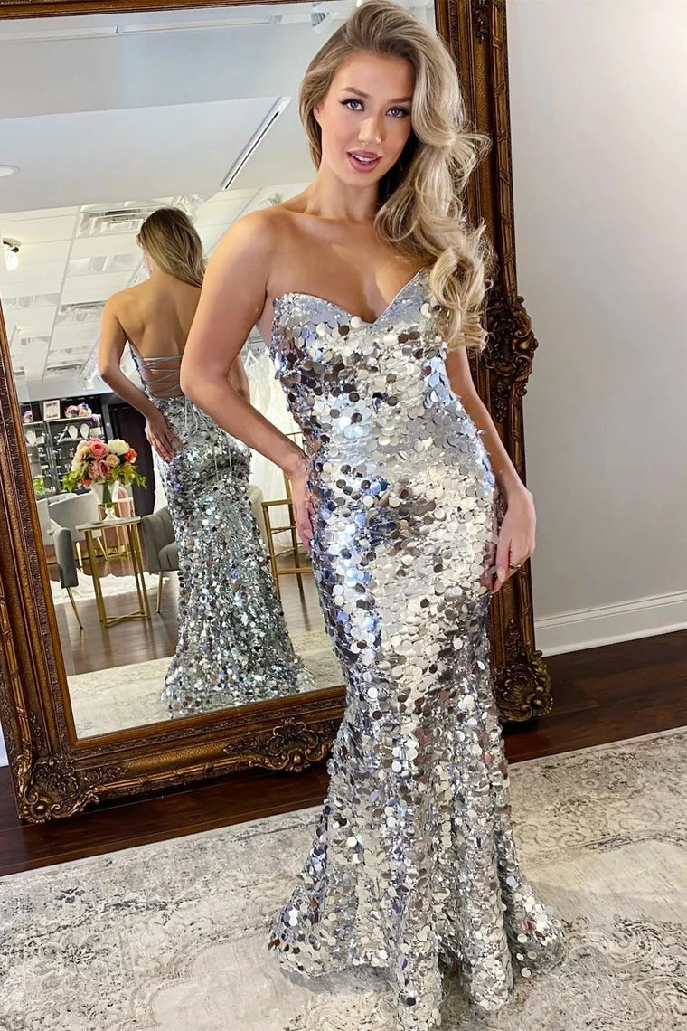 Silver Sequin Strapless Lace-Up Trumpet Long Prom Dress MD4010904