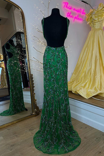 V Neck Dark Green Sequins Lace Mermaid Long Prom Dress with Slit MD4032803