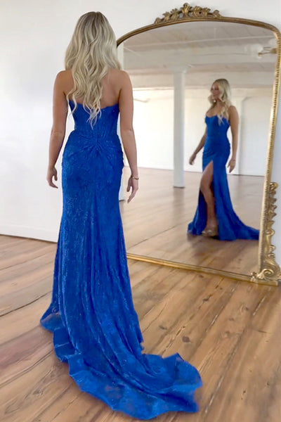 Gorgeous Mermaid Strapless Royal Blue Lace Prom Dress with Slit DM4063008