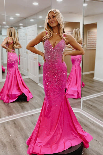 Hot Pink V Neck Satin Mermaid Long Prom Dresses with Beaded MD120902