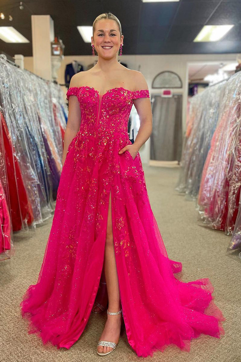 Fuchsia Off the Shoulder Tulle Long Prom Dresses with Appliques MD4012201