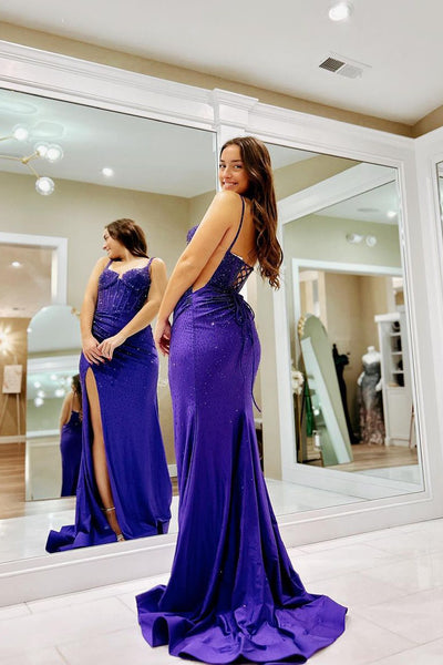 Mermaid Purple Satin Long Prom Dresses with Beads MD4010306