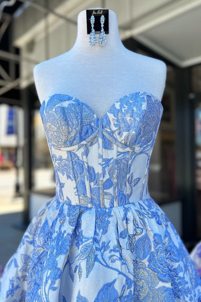 Sweetheart A Line Light Blue Jacquard Satin Homecoming Dress DM161702