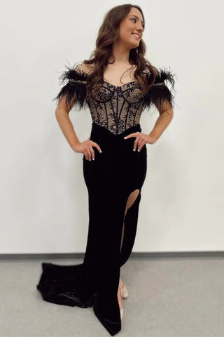 Black Velvet Lace Off-the-Shoulder Long Formal Dress with Slit MD122310