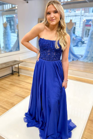 Elegant A-Line Royal Blue Chiffon Long Prom Dresses with Appliques DM25101607