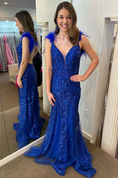 Royal Blue Sequin Lace V Neck Long Prom Dress with Feather MD112410