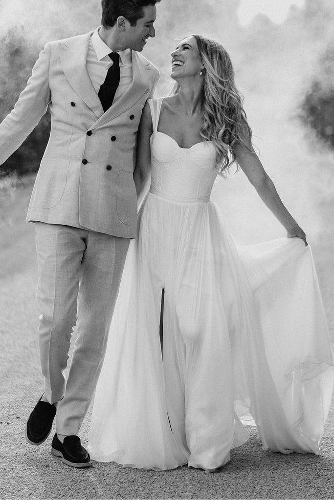 Fairy A Line Sweetheart Chiffon Beach Wedding Dresses with Slit DM090605 Dressmeet Fairy A Line Sweetheart Chiffon Beach Wedding Dresses with Slit DM090605 Dressmeet