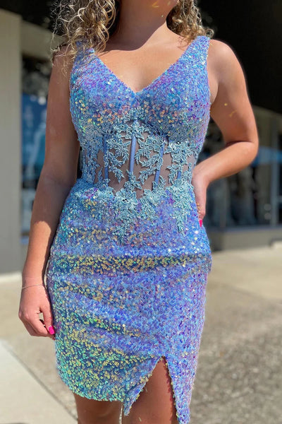 Sparkly Blue Corset Sequins Tight Short Homecoming Dress with Lace LD3062409