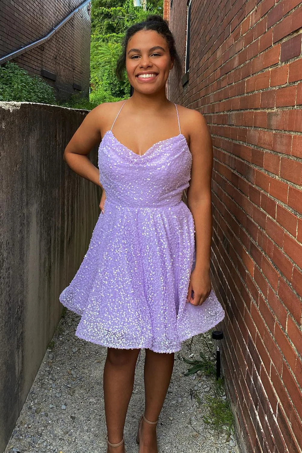 Lilac Sequins Cowl Neck Homecoming Dress with Criss Cross Back LD3062306 – Dressmeet