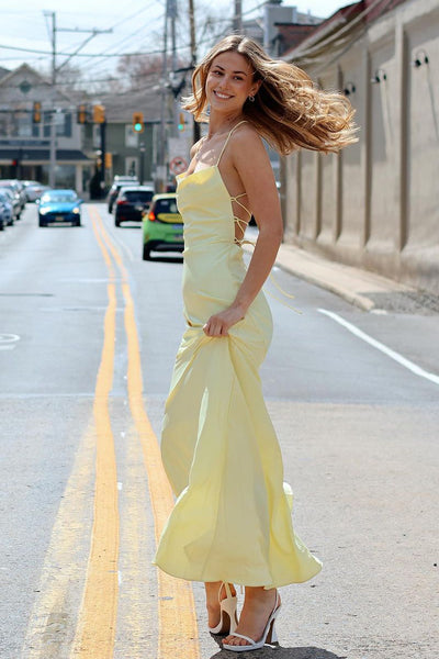 Yellow Cowl Neck Satin Mermaid Long Prom Dress MD4042703