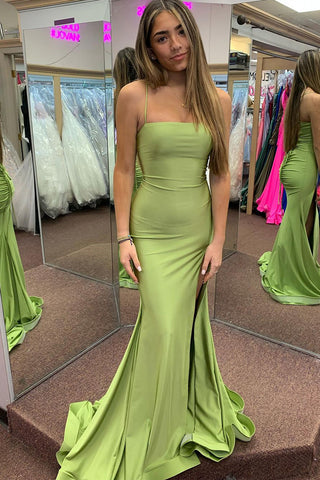 Mermaid Spaghetti Straps Sage Green Satin Long Prom Dresses MD4022205