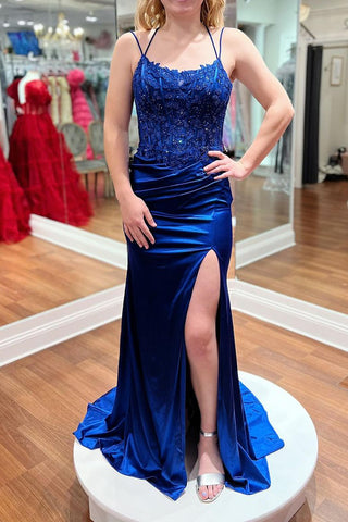 Royal Blue Scoop Neck Satin Mermaid Long Prom Dress with Appliques MD4040303