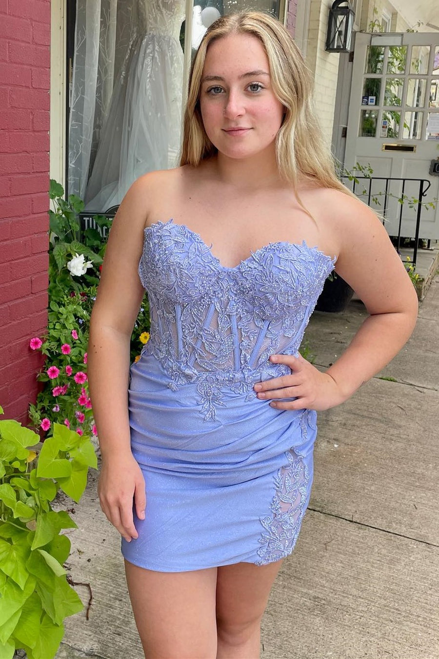 Periwinkle Appliques Strapless Sheer Bodice Ruched Short Homecoming Dress MD091010 Dressmeet Periwinkle Appliques Strapless Sheer Bodice Ruched Short Homecoming Dress MD091010 Dressmeet