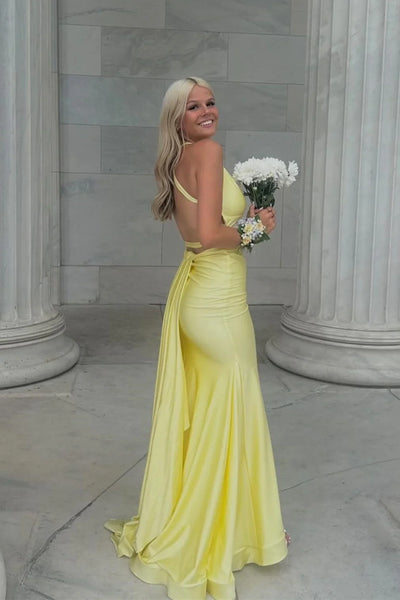 Chic Mermaid Deep V Neck Yellow Satin Prom Dress DM24122605