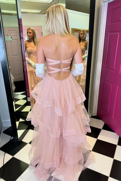 A-Line Strapless Blush Pink Ruffle Tiered Tulle Prom Dresses DM4070905