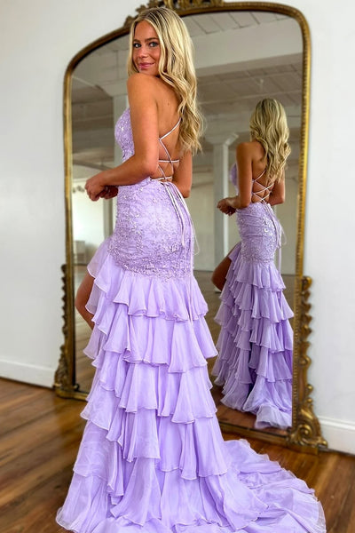 Cute Mermaid V Neck Lavender Tiered Chiffon Prom Dress with Appliques DM25011303