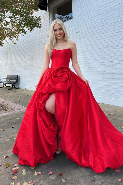 Gorgeous A Line Scoop Neck Red Satin Prom Dress with Bow DM1111003