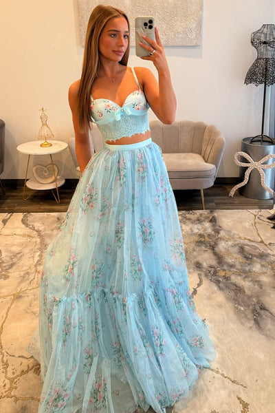 Chic Two Piece Sweetheart Floral Print Tulle Prom Dress DM16021004