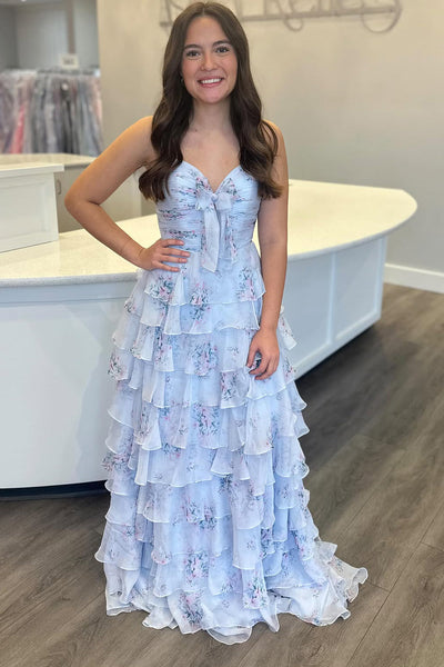 A Line Sweetheart Floral Chiffon Tiered Prom Dress with Slit DM3213904