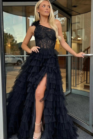 Black One Shoulder Corset Tiered Long Prom Dress with Ruffles MD092804