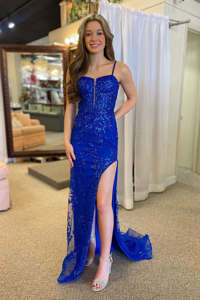 Mermaid Spaghetti Straps Royal Blue Sequins Lace Prom Dress MD4012501