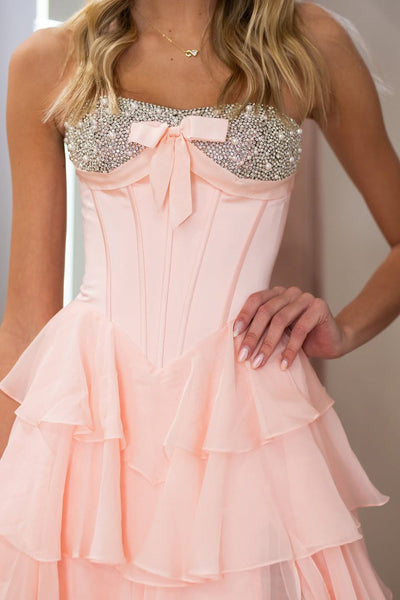 Strapless Pink Chiffon Ruffle Tiered Long Prom Dresses with Slit DM16021507