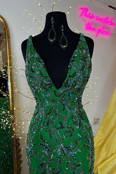 V Neck Dark Green Sequins Lace Mermaid Long Prom Dress with Slit MD4032803