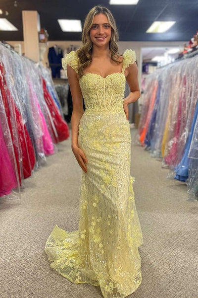 Yellow Sweetheart Sequins Lace Long Prom Dresses MD4012002