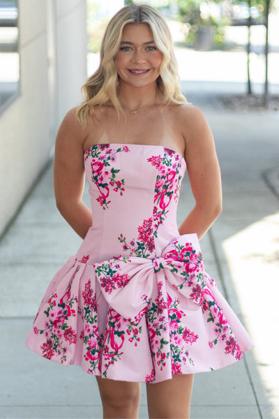 A Line Strapless Floral Satin Homecoming Dress with Bow DM12071602
