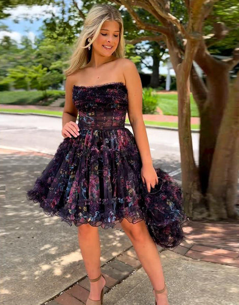 Charming Strapless Floral Printed Puff Sleeves Short Homecoming Dresses DM24071503