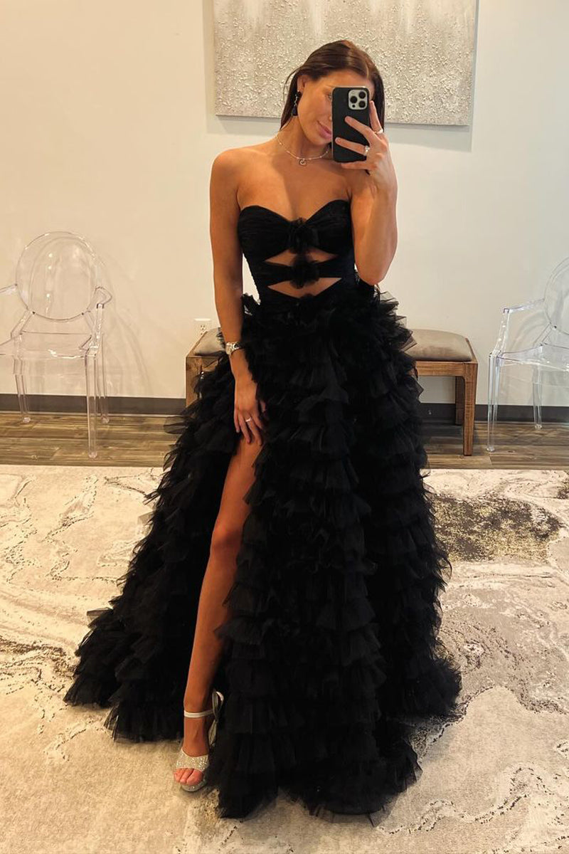 Black Sweetheart Ruffle Tiered Tulle Long Prom Dress with Slit MD4022301