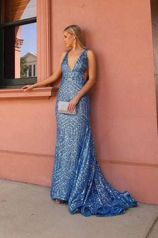 Blue V Neck Sequin Mermaid Long Prom Dress MD4012805