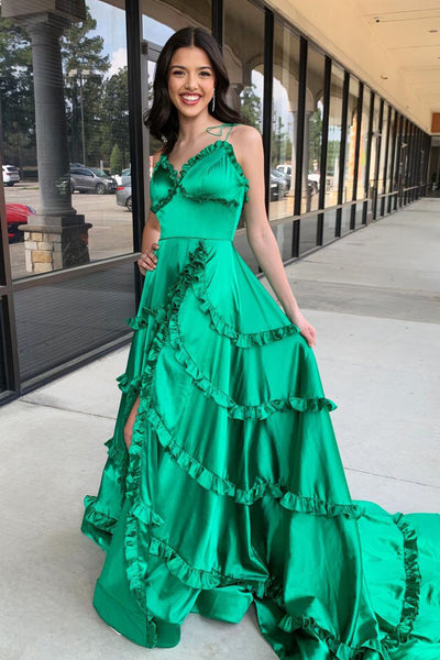 Cute  A-Line V Neck Straps Green Satin Ruffle Long Prom Dresses MD4031901