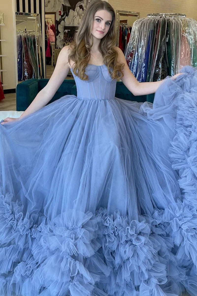 Periwinkle Strapless Tiered Tulle A-Line Long Prom Dresses MD4012203
