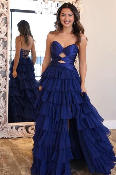 Gorgeous Sweetheart Keyhole Navy Blue Tiered Prom Dress with Slit DM52122202