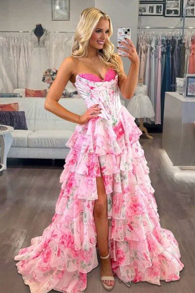 A Line Sweetheart Pink Floral Chiffon Long Prom Dress with Slit DM1613801