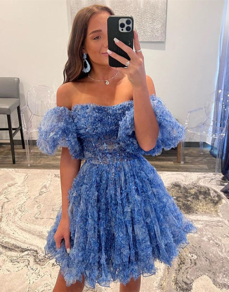 Charming Strapless Floral Printed Puff Sleeves Short Homecoming Dresses DM24071503