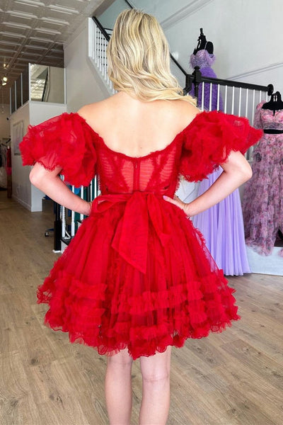 Red Sweetheart Puff Sleeve A-Line Short Party Dress with Ruffles LD3070704